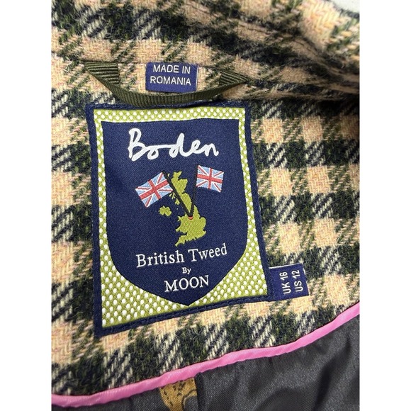 Boden British Tweed Blazer by Moon Wool Green Pink Gingham Check Blazer. Sz 12 - Picture 7 of 12